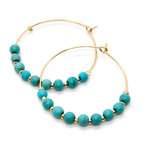 Turquoise Bead Gold Hoop Earrings E7-006G -Stone Collection-