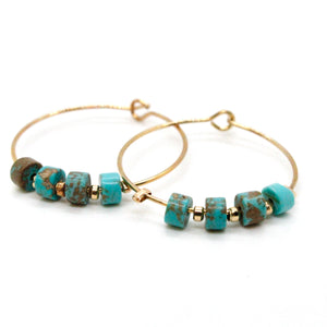 Natural Turquoise Gold Hoop Earrings E7-007G -Stone Collection-