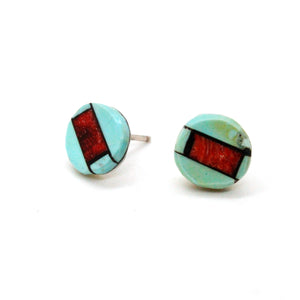 Genuine American Indian Turquoise and Coral Navajo Stud Earrings