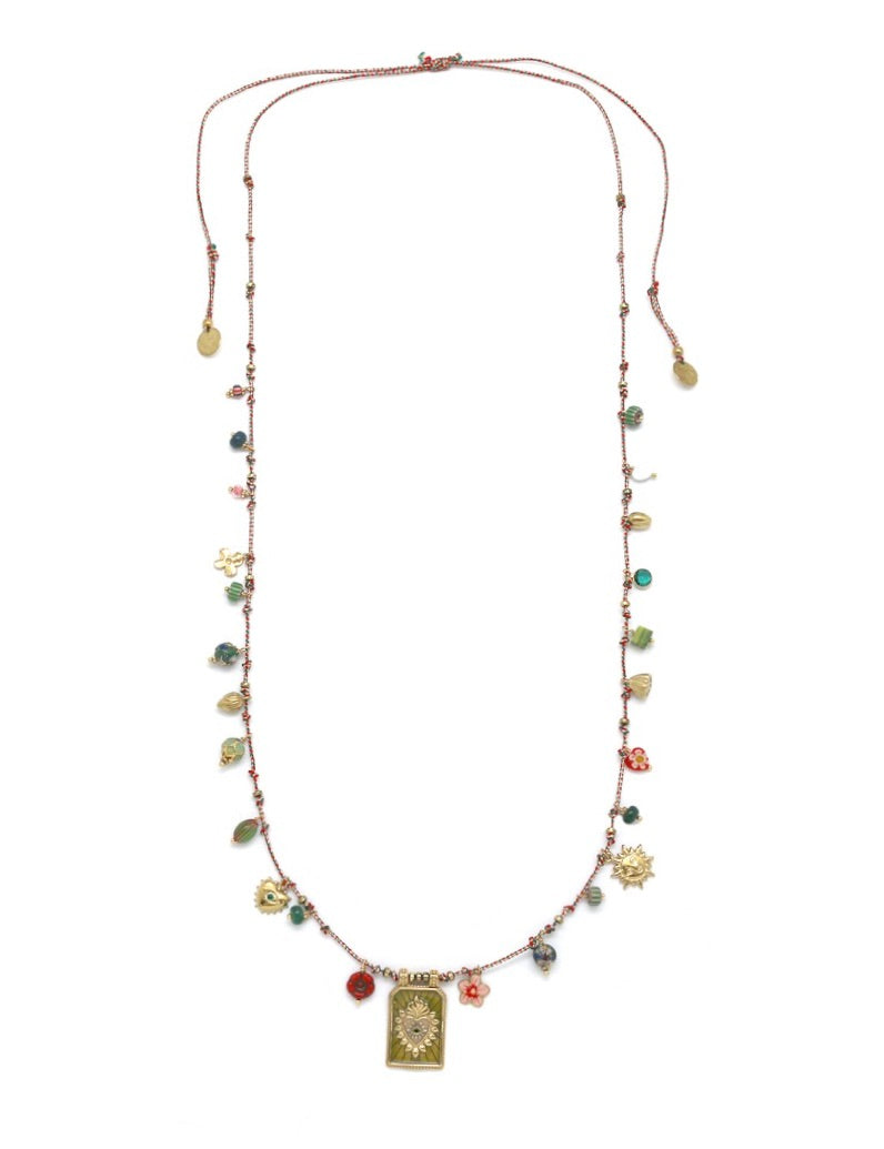 Long Flaming Heart and Multi Charm Necklace - N2-2609