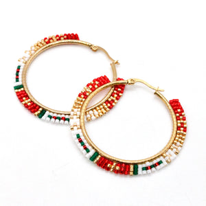 Beautiful Red and Green Japanese Seed Bead Hoop Earrings -Seeds Collection-