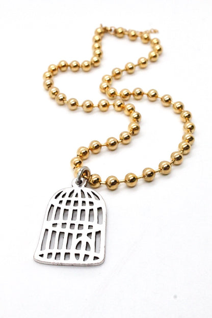 Single Gold Plate Ball Chain Necklace with Silver Bird Cage N2-S885g -The Classics Collection-
