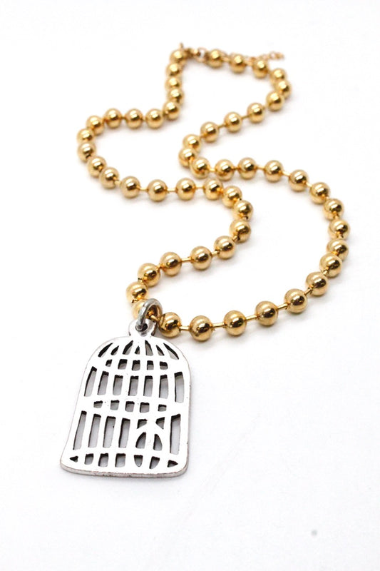 Single Gold Plate Ball Chain Necklace with Silver Bird Cage N2-S885g -The Classics Collection-