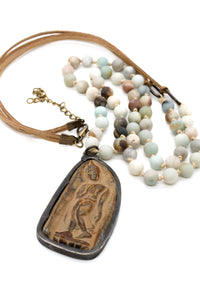 Buddha Necklace 104- Amazonite and Leather Stretch Bracelet / Necklace Buddha - One of a Kind -