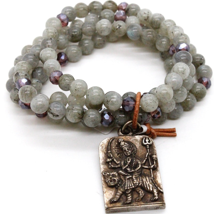 Luxury Labradorite and Crystal Bracelet with Durga Pendant -The Buddha Collection- BL-Smoke-SL