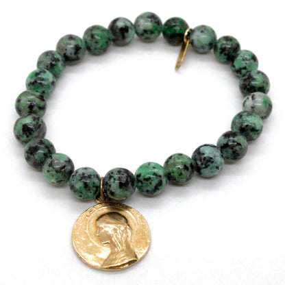 Single Stone Bracelet with Gold French Religious Charm -French Medals Collection-