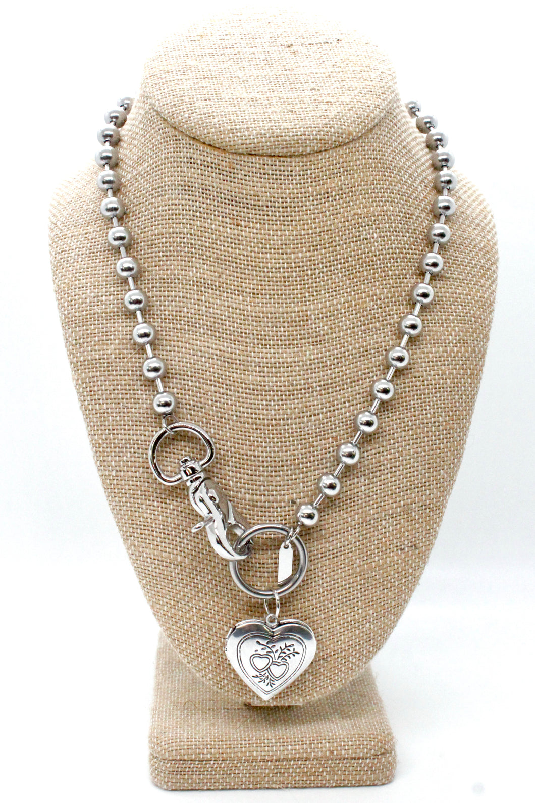 Double Heart Locket Charm Necklace Silver Chain Claw Clasp