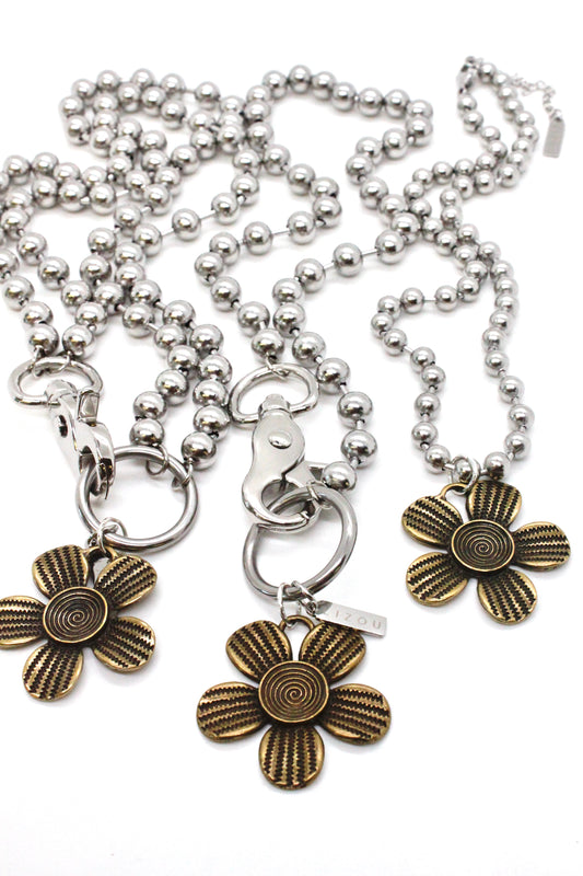 Antique Bronze Flower Pendant Convertible Silver Chain Necklace