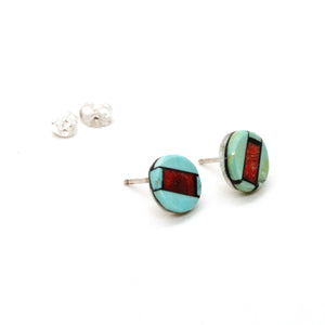 Genuine American Indian Turquoise and Coral Navajo Stud Earrings