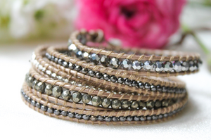 Precious - Pyrite and Crystal Mix Leather Wrap Bracelet