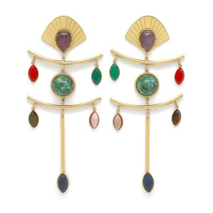 Gold Fan and Stone Dangle Earrings - E4-272