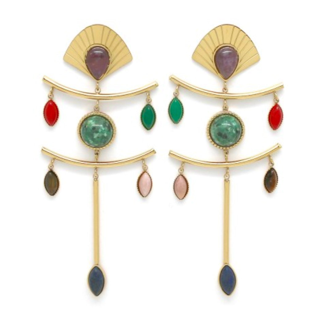 Gold Fan and Stone Dangle Earrings - E4-272