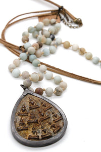 Long Amazonite and Leather Hand Knotted Long Necklace with Large Buddha Charm -The Buddha Collection- NL-AZL-120