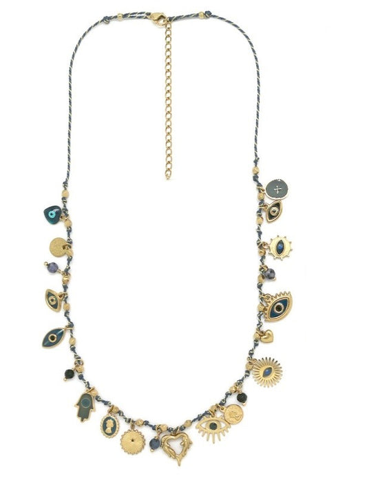 Multi Mini Charms Navy String Necklace - N2-2644A