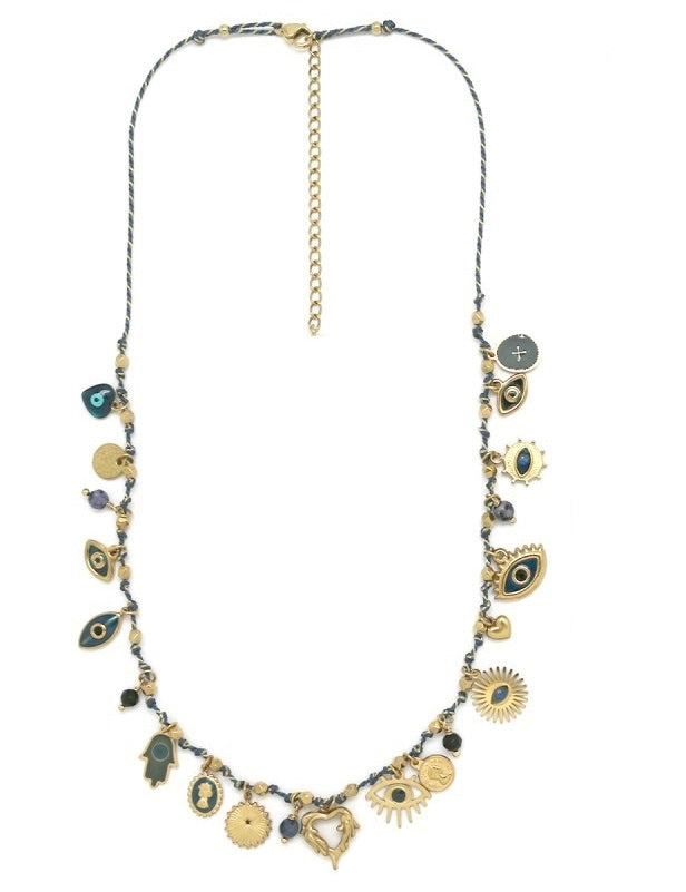 Multi Mini Charms Navy String Necklace - N2-2644A