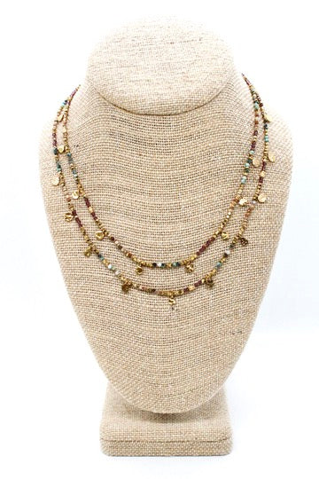 Multi Stone Mix and Mini Gold Coin Wrap Necklace - N2-2617D