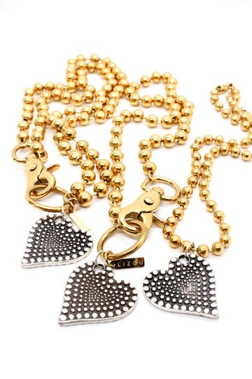 Double Sided Dotted Heart Pendant Convertible Gold Chain Necklace
