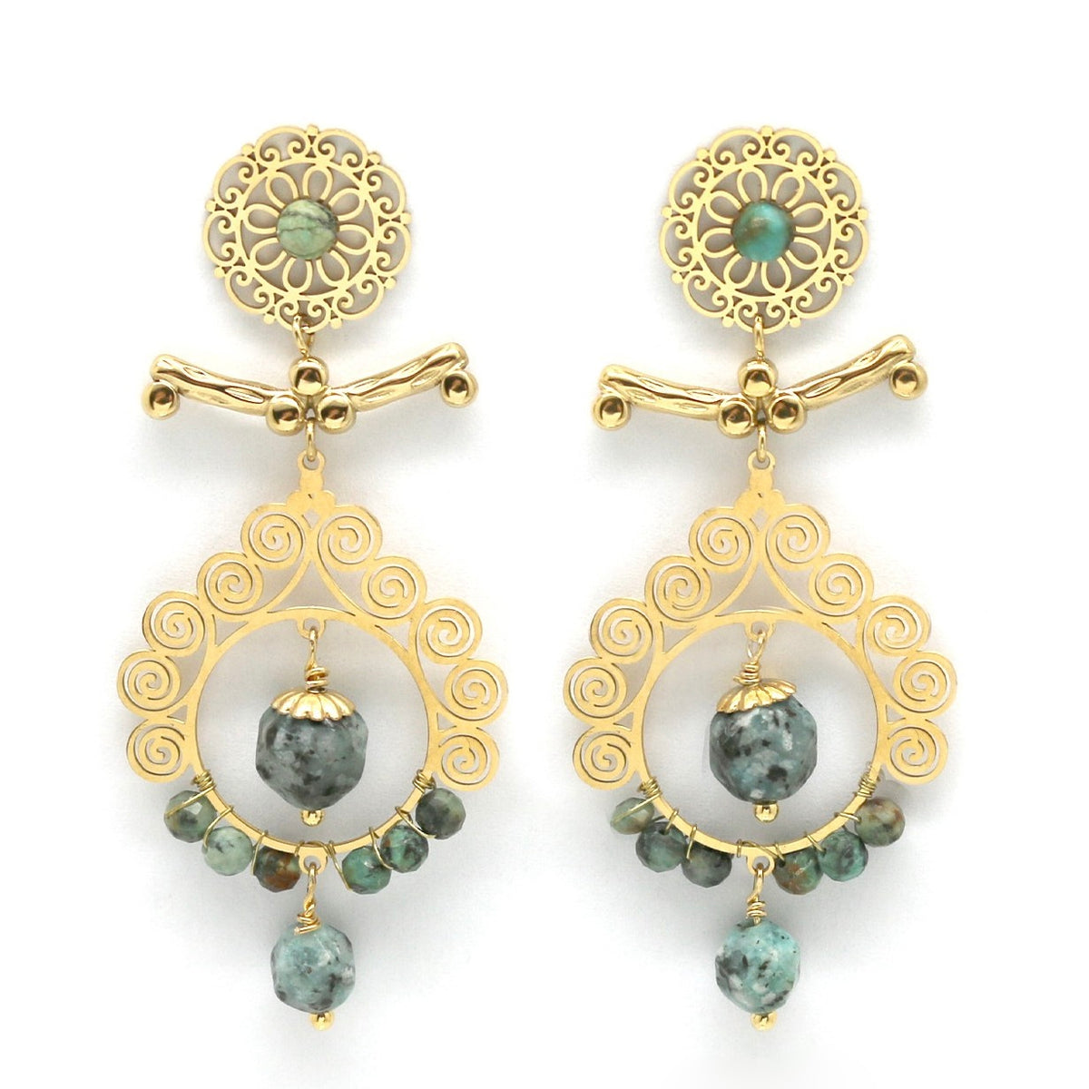 Branch African Turquoise and Gold Dangle Earrings - E4-279
