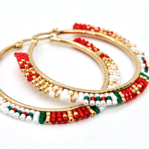 Beautiful Red and Green Japanese Seed Bead Hoop Earrings -Seeds Collection-