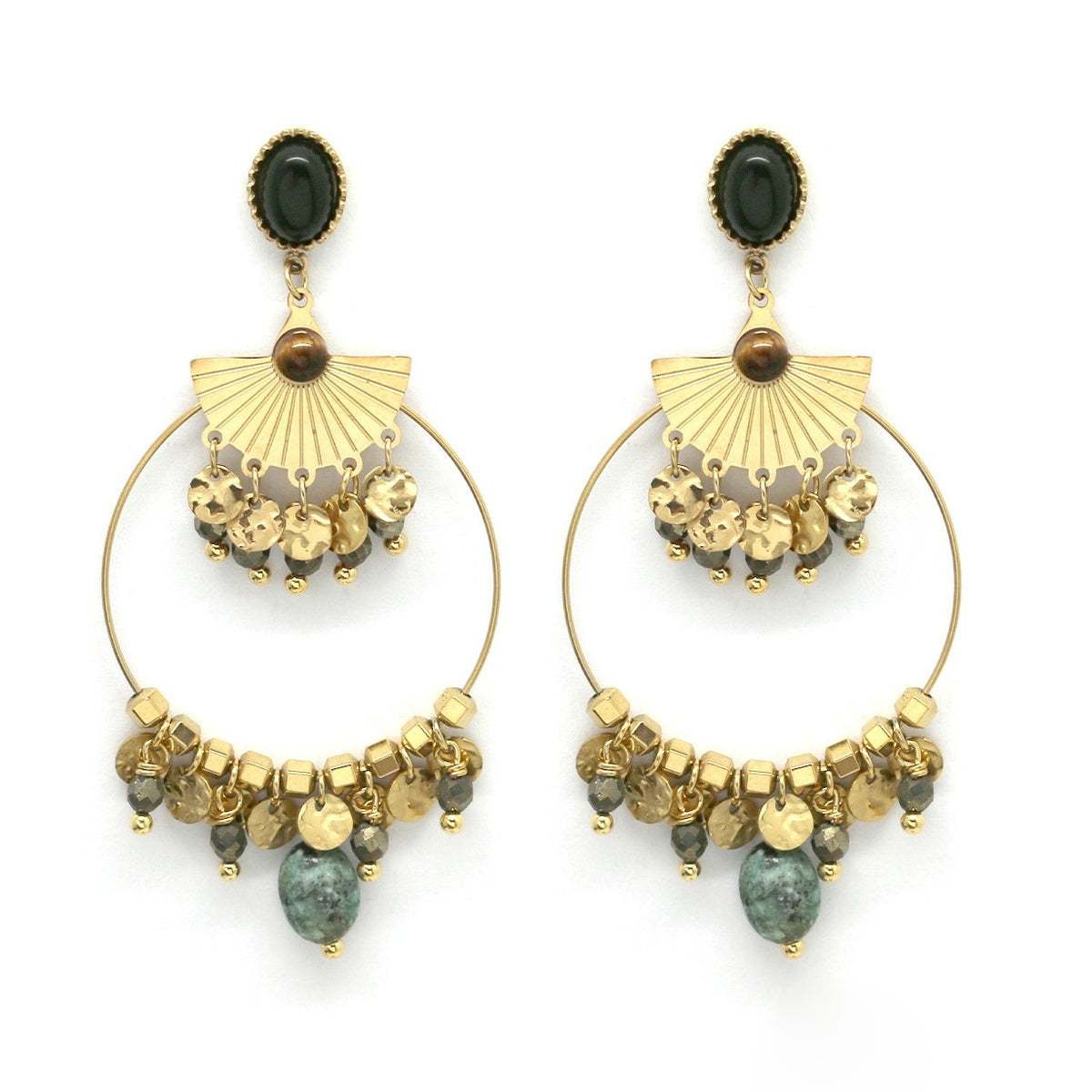 Fan and African Turquoise Gold Dangle Earrings - E4-276