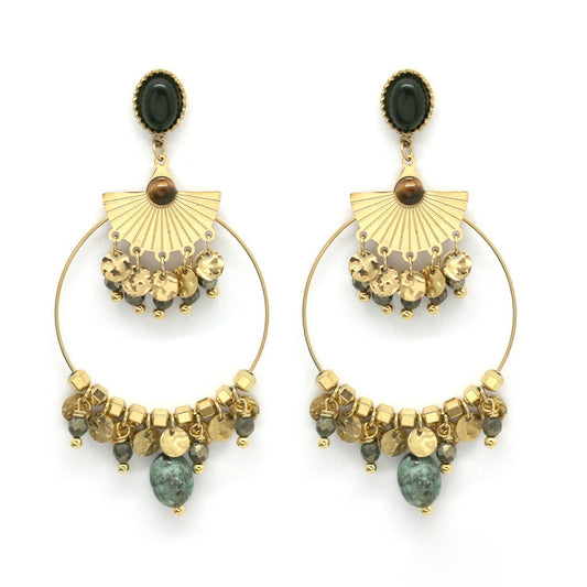 Fan and African Turquoise Gold Dangle Earrings - E4-276