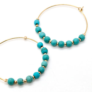 Turquoise Bead Gold Hoop Earrings E7-006G -Stone Collection-