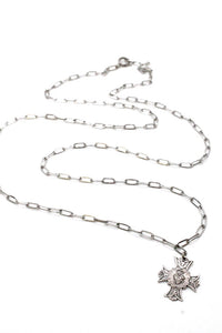 Extra Long Silver Chain Necklace with Sterling Cross Heart Charm -French Medals Collection-