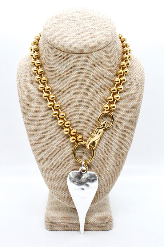 Extra Large Silver Heart Pendant Convertible Gold Chain Necklace