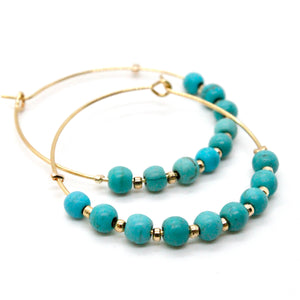 Turquoise Bead Gold Hoop Earrings E7-006G -Stone Collection-