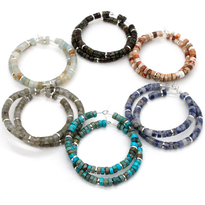 Natural Stone Hoop Earrings on Silver -Stone Collection-