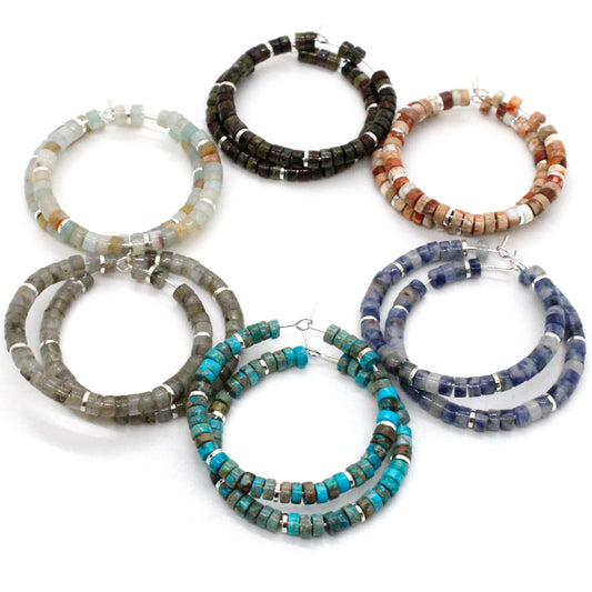 Natural Stone Hoop Earrings on Silver -Stone Collection-