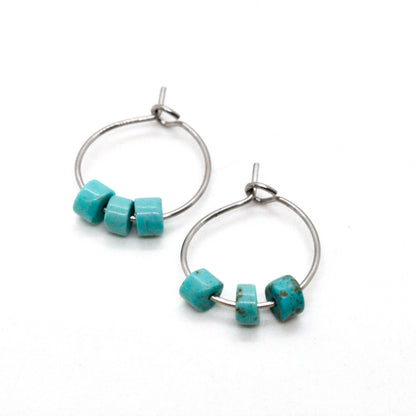 Mini Turquoise and Silver Hoop Earrings E7-009 -Stone Collection-