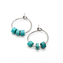 Load image into Gallery viewer, Mini Turquoise and Silver Hoop Earrings E7-009 -Stone Collection-
