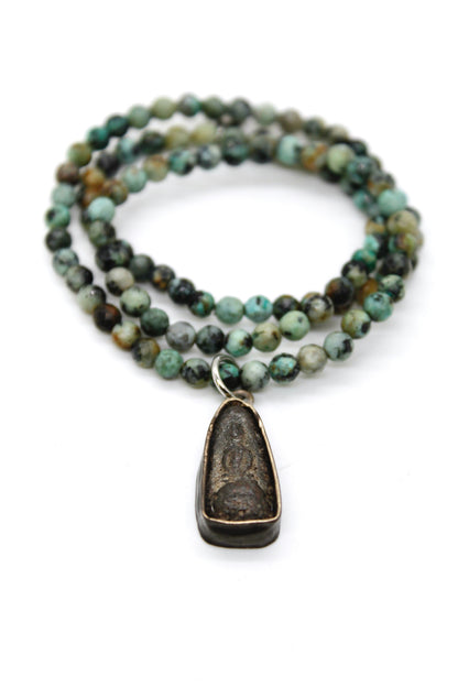 African Turquoise Stretch Necklace with Small Buddha -Buddha Collection-