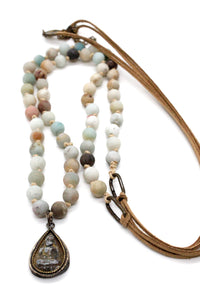 Buddha Necklace 66 - Amazonite and Leather Buddha Necklace - One of a Kind -