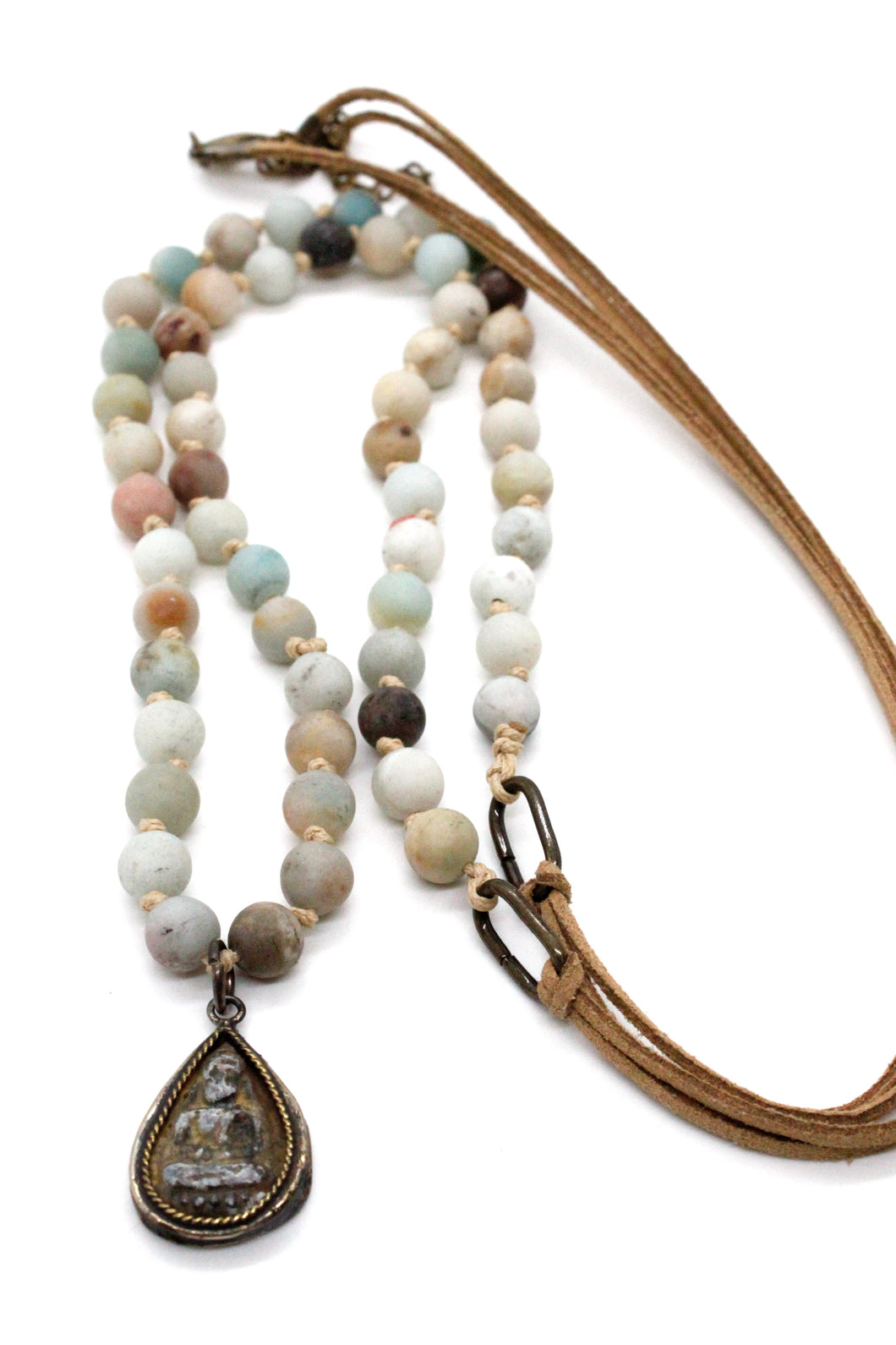 Buddha Necklace 66 - Amazonite and Leather Buddha Necklace - One of a Kind -
