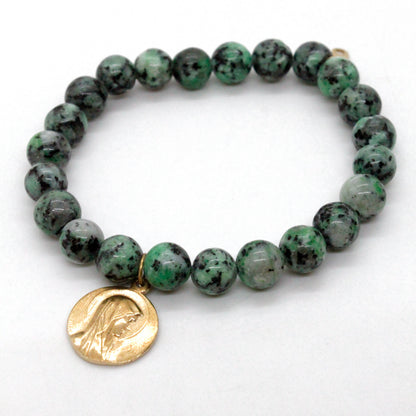 Single Stone Bracelet with Gold French Religious Charm -French Medals Collection-