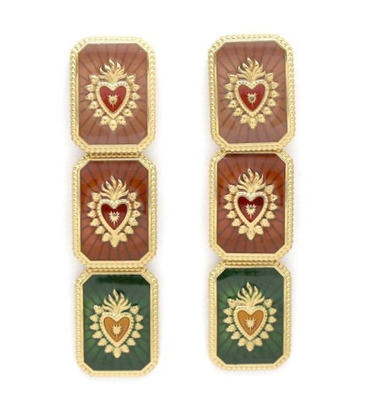 Three Tier Heart Flame Dangle Earrings - E4-340B