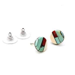 Genuine American Indian Turquoise and Coral Navajo Stud Earrings