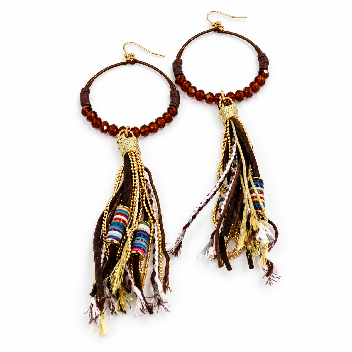 Crystal Beaded Hoop Earrings with Tassel - E001T-Brown