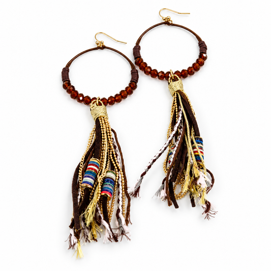 Crystal Beaded Hoop Earrings with Tassel - E001T-Brown
