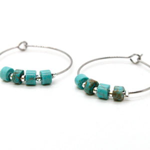 Natural Turquoise Silver Hoop Earrings E7-007S -Stone Collection-