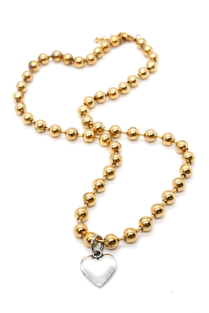 Single Gold Plate Ball Chain Necklace with Simple Silver Heart N2-S505Sg -The Classics Collection-