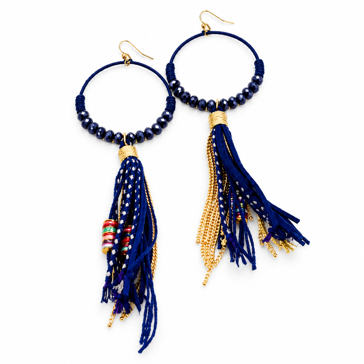 Crystal Beaded Hoop Earrings with Tassel - E001T-Midnight