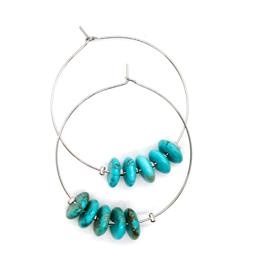 Delicate Turquoise Large Silver Hoop Earrings E7-015l