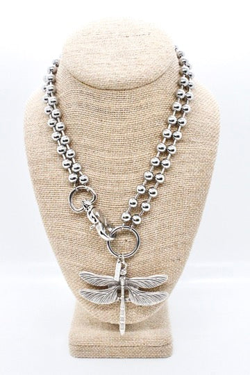 Detailed Dragonfly Pendant Convertible Silver Chain Necklace