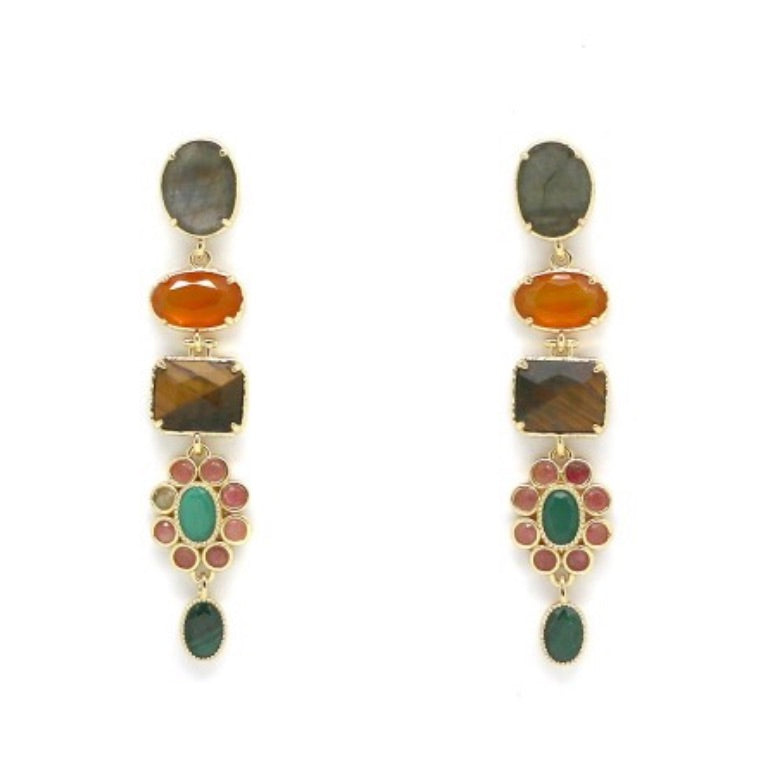 Multi Stone and Tourmaline Flower Dangle Earrings- E4-337