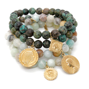 Single Stone Bracelet with Gold French Religious Charm -French Medals Collection-