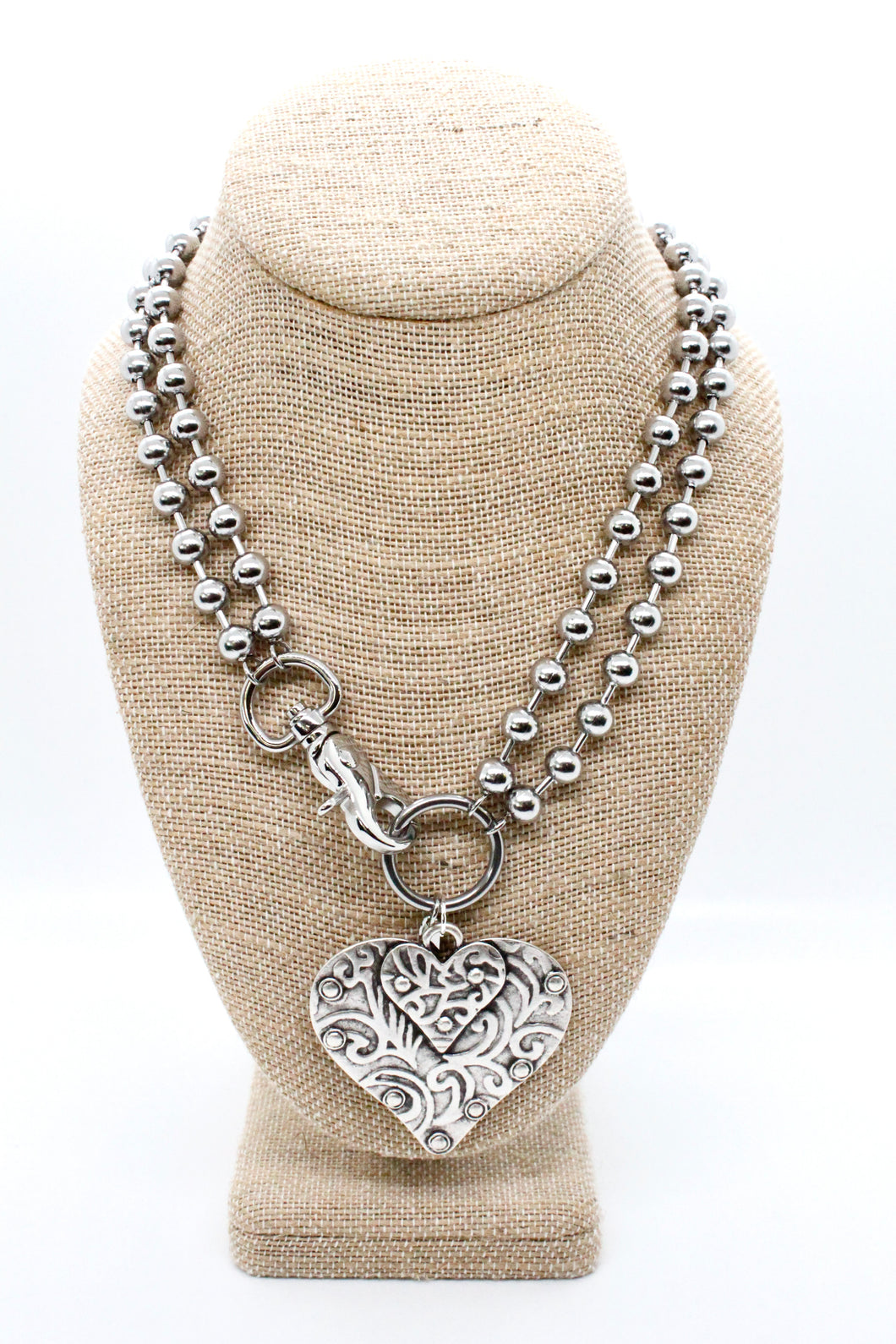 Double Heart Pendant Convertible Silver Chain Necklace