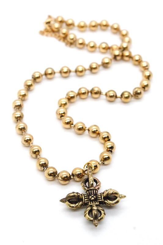 Single Gold Plate Ball Chain Necklace with Lucky Brass Cross N2-S1023g -The Classics Collection-